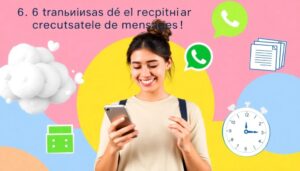 Mujer sonríe usando móvil, íconos de mensajería.