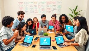 Reunión de equipo con dispositivos digitales y Twitter.