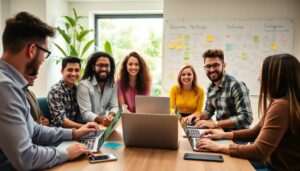 Equipo de trabajo colaborando en oficina con ordenadores