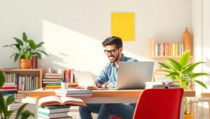 Hombre trabajando en escritorio con libros y portátil