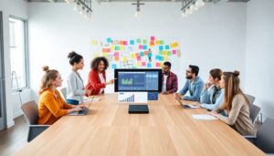 Reunión de trabajo con presentación y notas adhesivas.