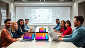 Grupo diverso en reunión empresarial con portátiles.