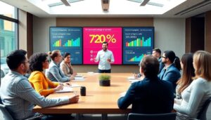 Reunión de oficina con presentación de estadísticas