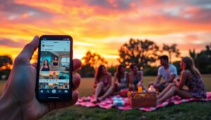 Jóvenes en picnic al atardecer, foto en móvil.