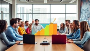 Reunión de equipo discutiendo estadísticas de crecimiento.