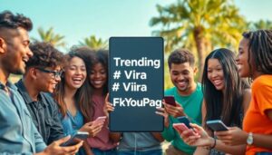 Grupo jovenes sonriendo al mirar móviles.