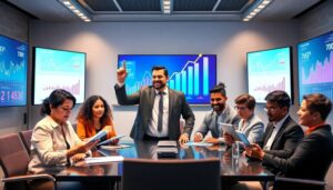 Reunión de negocios con gráficos en pantallas.