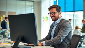 Hombre trabajando frente a computadora en oficina moderna.