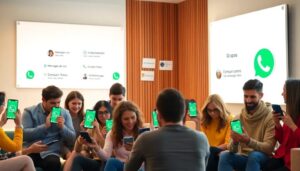 Grupo de personas con móviles WhatsApp.