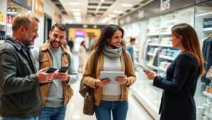 Personas conversando en tienda de tecnología.