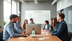 Reunión de equipo frente a pizarra en oficina moderna.