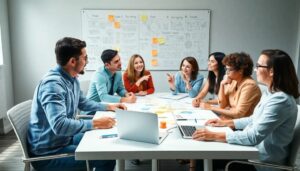 Equipo trabajando en una reunión de oficina.