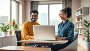 Personas trabajando juntas en oficina con portátil.