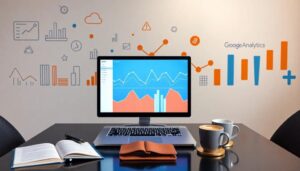 Escritorio con computadora, gráficos de análisis digital.