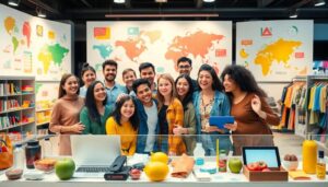 Grupo diverso sonríe en tienda colorida.