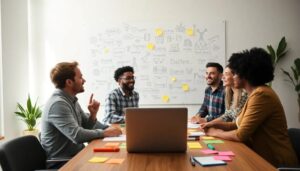 Reunión de equipo en oficina con pizarra y portátil.