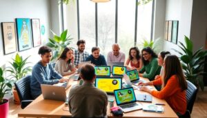 Reunión de trabajo en equipo con laptops y plantas