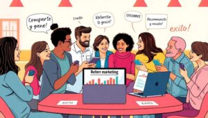 Grupo compartiendo ideas sobre marketing de referidos.
