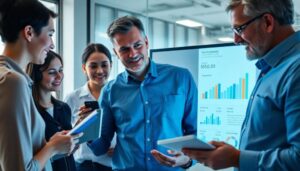 Equipo analiza gráficos en reunión de oficina.