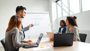 Reunión de equipo discutiendo estrategias de ventas.