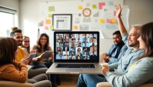 Reunión de equipo combinada con videollamada en laptop.