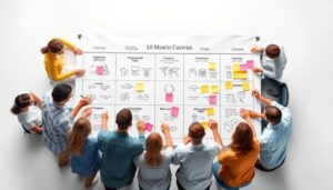 Equipo trabajando en un modelo canvas con post-its.