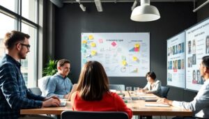 Reunión de equipo de marketing digital en oficina moderna.