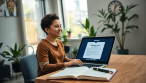 Persona trabajando con portátil en oficina luminosa.