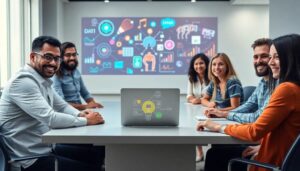 Personas en reunión con presentación digital.