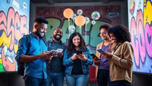 Personas jóvenes usando móviles frente a grafitis.