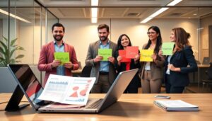 Personas sosteniendo carteles de colores en oficina.