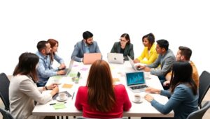 Reunión de trabajo con laptops y gráficos en pantalla