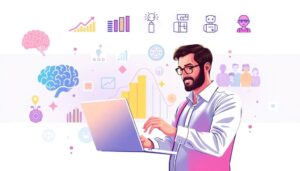 Hombre usando laptop rodeado de iconos digitales.