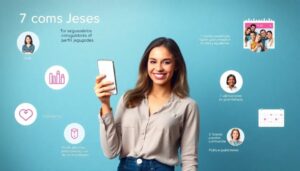 Mujer joven con móvil y gráficos de redes sociales.