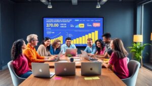 Equipo trabajando con presentación financiera en pantalla.