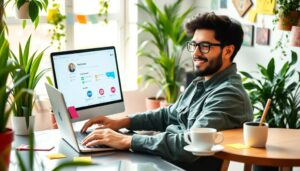 Hombre trabajando en computadora portátil, ambiente laboral verde.
