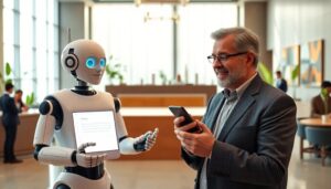 Hombre interactúa con robot humanoide en oficina moderna.