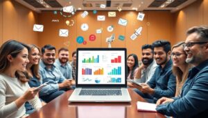 Personas en reunión analizando gráficos en portátil.