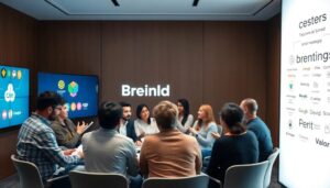 Reunión de equipo en oficina moderna con pantallas digitales.