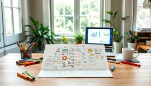 Escritorio con computadora, calendario y plantas.