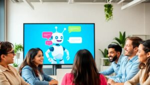 Personas sonrientes en reunión con robot en pantalla.