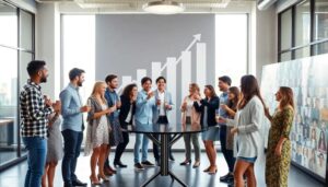 Personas celebrando en oficina con gráfico de crecimiento.