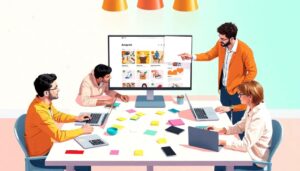 Reunión de trabajo frente a pantalla grande