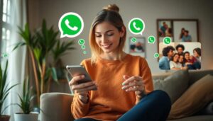 Mujer usando WhatsApp en smartphone, comunicándose con amigos.