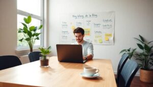 Hombre con portátil en oficina luminosa.