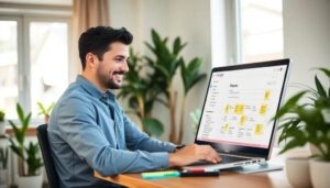 Hombre sonriente trabajando en portátil en oficina.