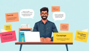 Hombre sonriente en oficina con notas coloridas.