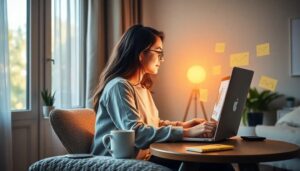 Mujer trabajando en portátil en casa iluminada