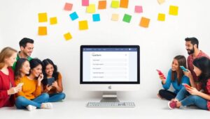 Grupo usando dispositivos junto a ordenador con formulario.