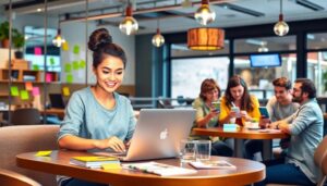 Mujer trabajando en laptop en espacio de coworking